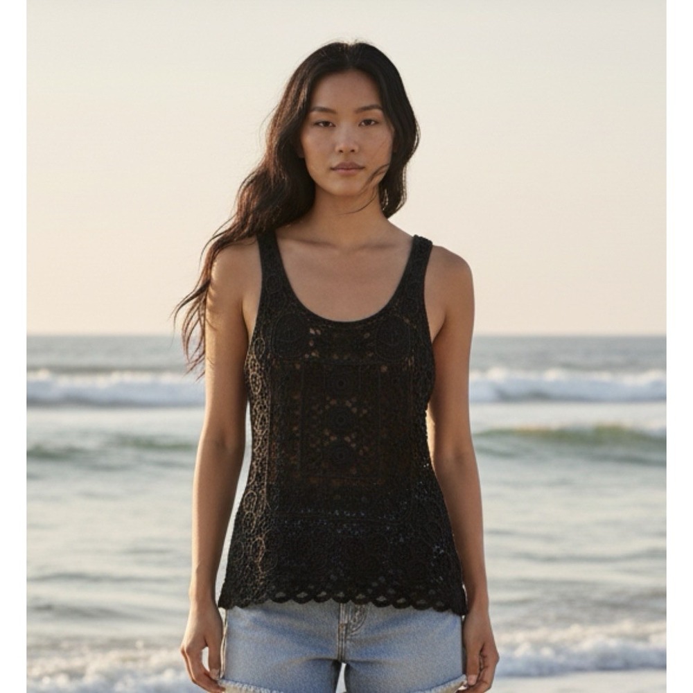 Boho Black Crochet Lace Tank Top Cover Up Womens Sz S Festival Beach Sheer Y2K